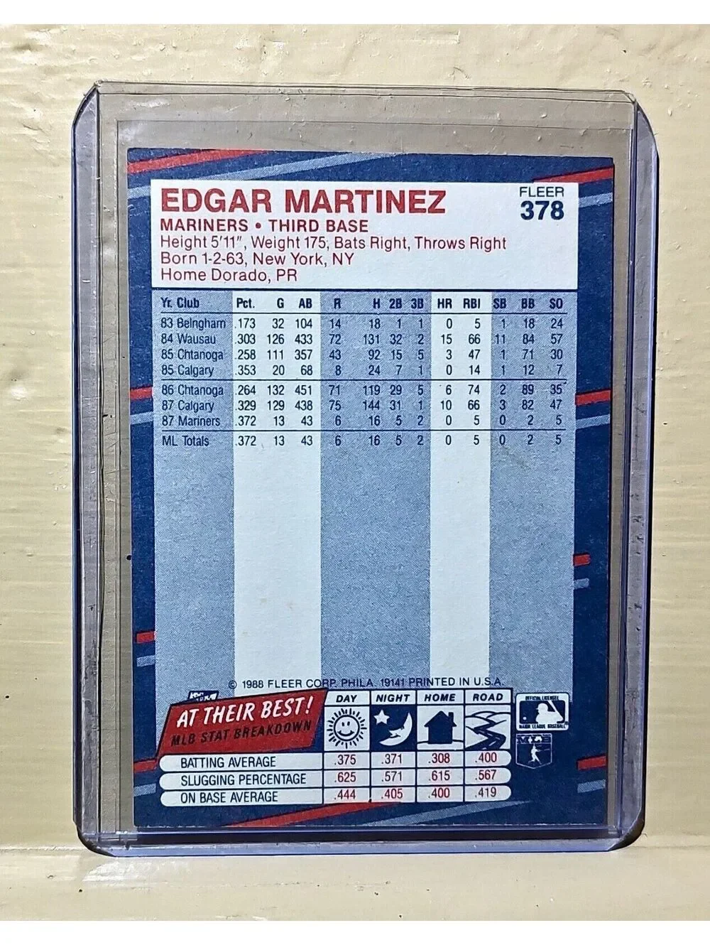 Edgar Martinez 1988 Fleer MLB #378 Baseball Card Seattle Mariners